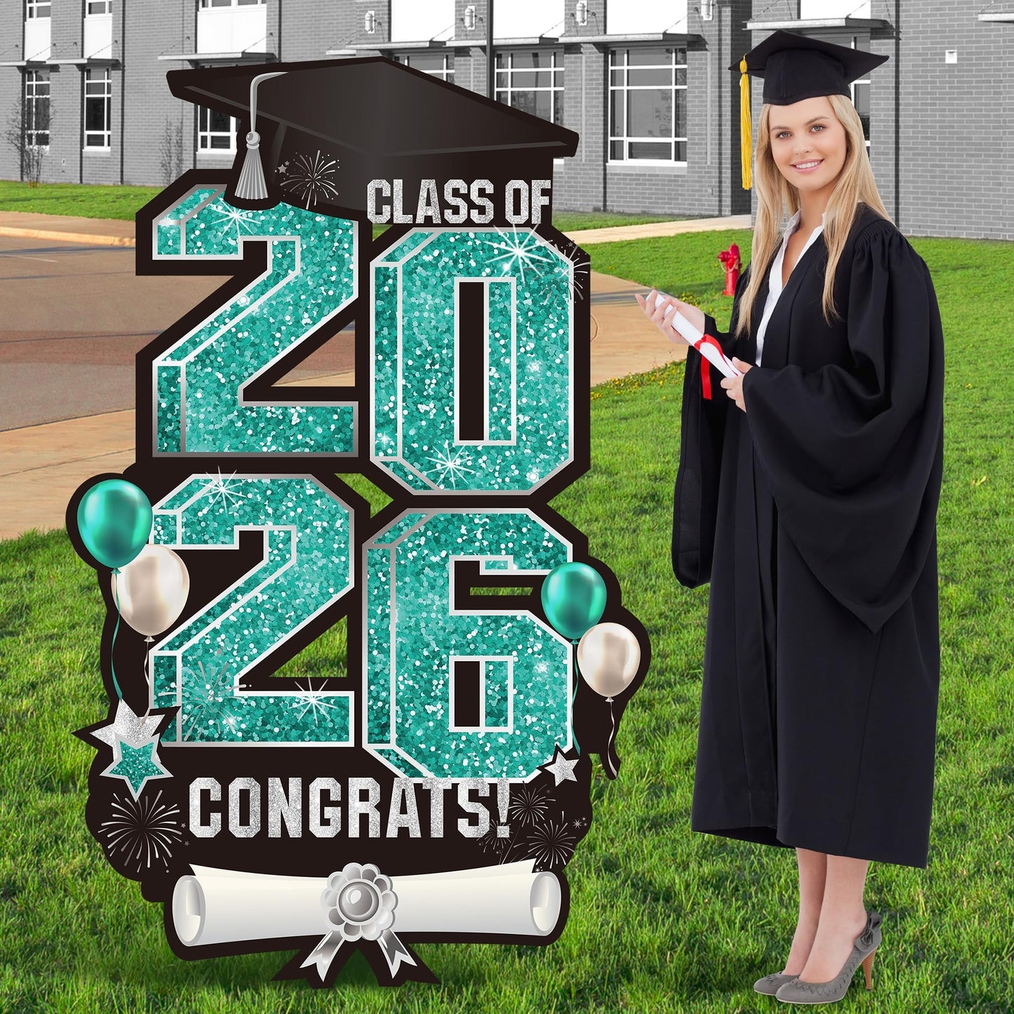 Vivantia 2026 Extra Large 47.2 Inch Graduation Yard Sign Congrats Grad Lawn Yard Decor Class of 2026 DIY Name Yard Sign with Metal Stakes for College High School Grad Outdoor Party Supplies, Teal