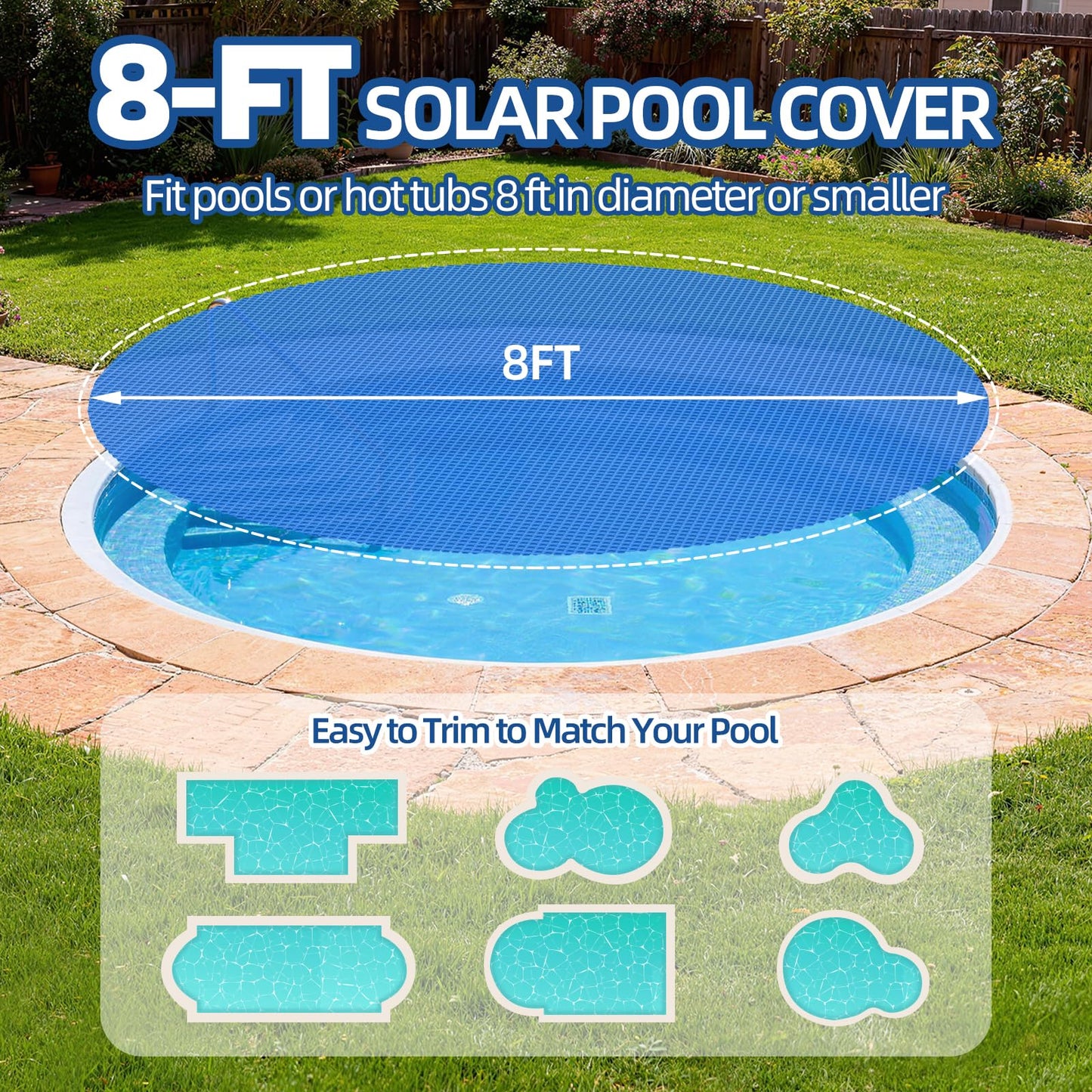 Solar Pool Cover 8 ft Round, Solar Pool Blanket for Above Ground & Inground Pools, Hot Tubs and Spas, Thermal Bubble Cover for Heat Retention, Reduces Evaporation (96 x 96 Inch)