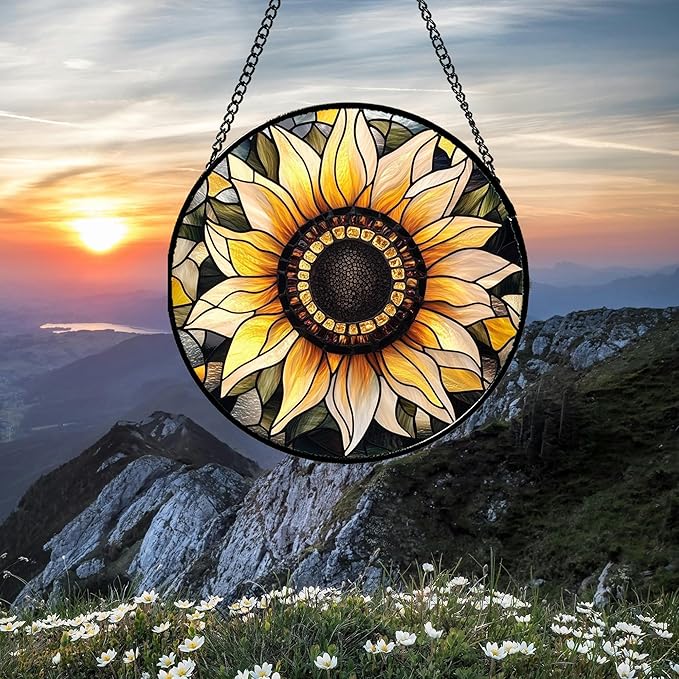 CRISGIF Stained Glass Window Hanging - Sunflower Suncatcher for Door Garden Patio Retro Flower Sun Catchers Decor Christmas Mother's Day Birthday Gifts for Women Mom Nana Friend Wife 11.8 in