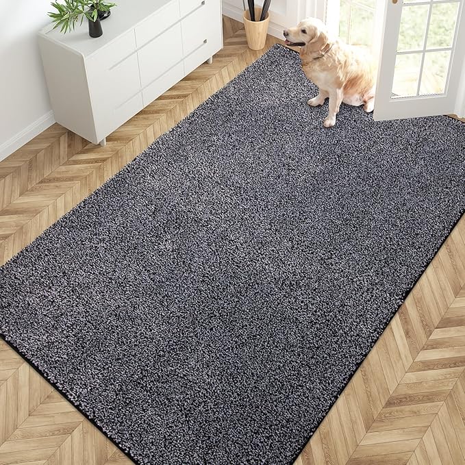 PURRUGS Easy Care Area Rug 4.5ft x 7ft, Non-Slip Washable Entryway Rug, Dog Door Mat, Stain Resistant Accent Rug for Hallway, Living Room, Bedroom and Mudroom, Bluish Grey-Black