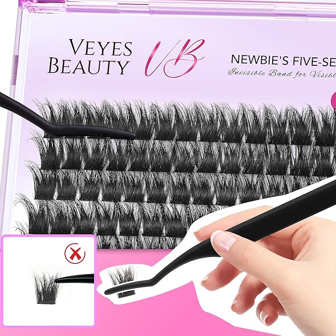 VEYESBEAUTY Lash Clusters Fluffy Individual Lash Extensions Xtreme 3D Layered Volume Eyelashes Thin & Invisible Band Wispy Faux Mink Lash Newbie's Five-Second Length 14mm