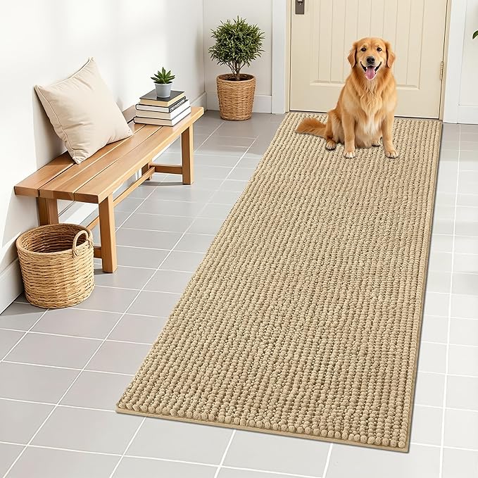 OLANLY Dog Door Mat for Muddy Paws 59x24, Ultra Absorbent Chenille Mud Doormat, Non-Slip Washable and Dirt Trapping Doormat for Indoor Entryway, Quick-Dry Indoor Pet Bed Mats for Dogs, Beige