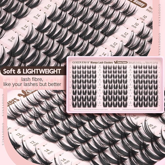 Goddvenus BUNNY Manga Lash Clusters Kit Natural Cluster Eyelash Extensions Wispy Fairy Eyelash Clusters Anime Individual Lash Extensions Kit C Curve False Eyelashes 10-16mm Pestañas Postizas Naturales
