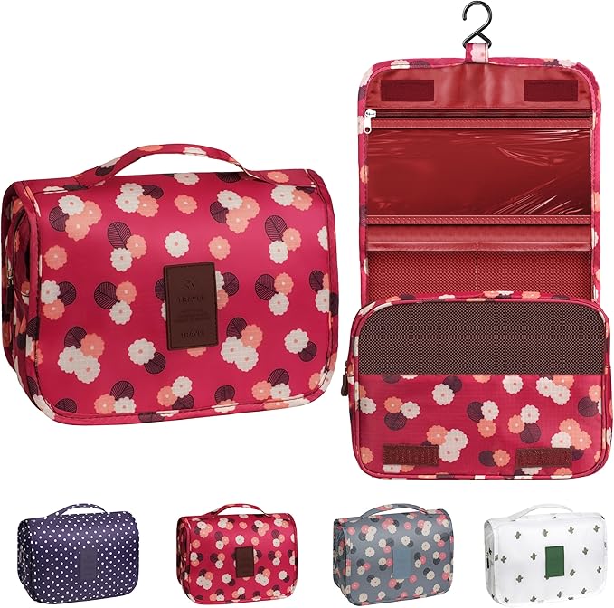 Toiletry Bag Travel Bag with Hanging Hook, Waterproof Capacity Hanging Multifunctional Makeup Bag for Toiletries, Portable Cosmetic Bag Travel Organizer for Women and Men(Wine Red FLower)