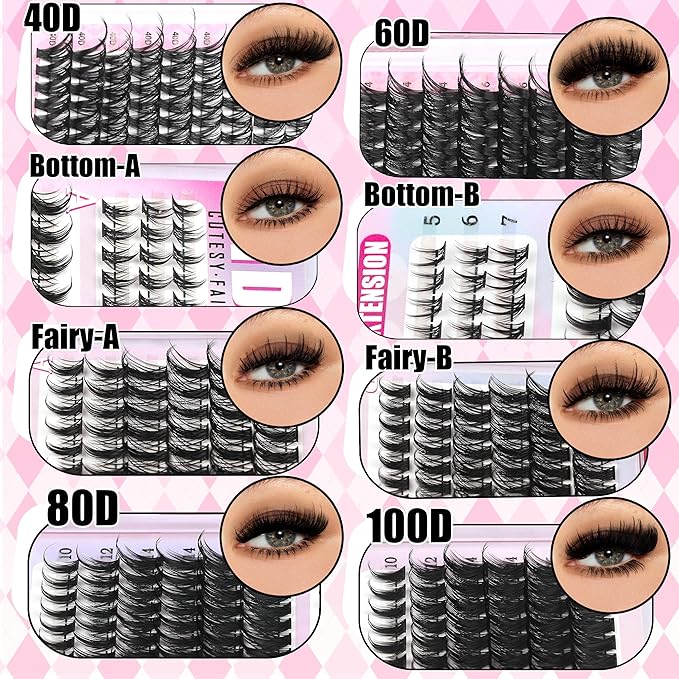 YIDUO Manga Lash Clusters Kit 40D+60D+80D+100 Fairy Spikes+Bottom Clusters Lashes Extensions Kit with 2X Bond and Seal 1094 Pcs 8-18mm Wispy Individual Eyelash Cluster Kit DIY at Home Easily