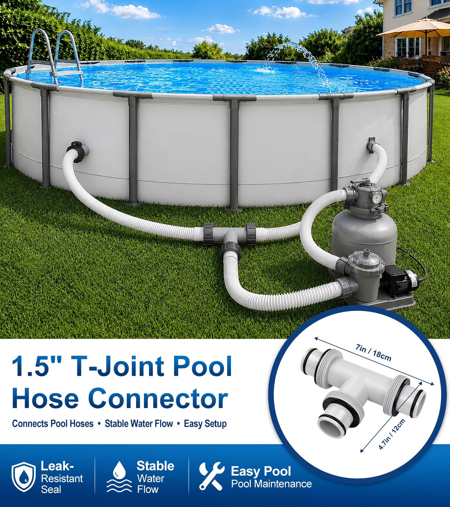 Pool Hose Connector for Leak-Proof Dual Seal and Stable Water Flow, 1.5" to 1.5" T-Joint Pool Hose Adapter for Pool Parts and Accessories Replacement, Easy No-Tool Install for Above Ground Pools