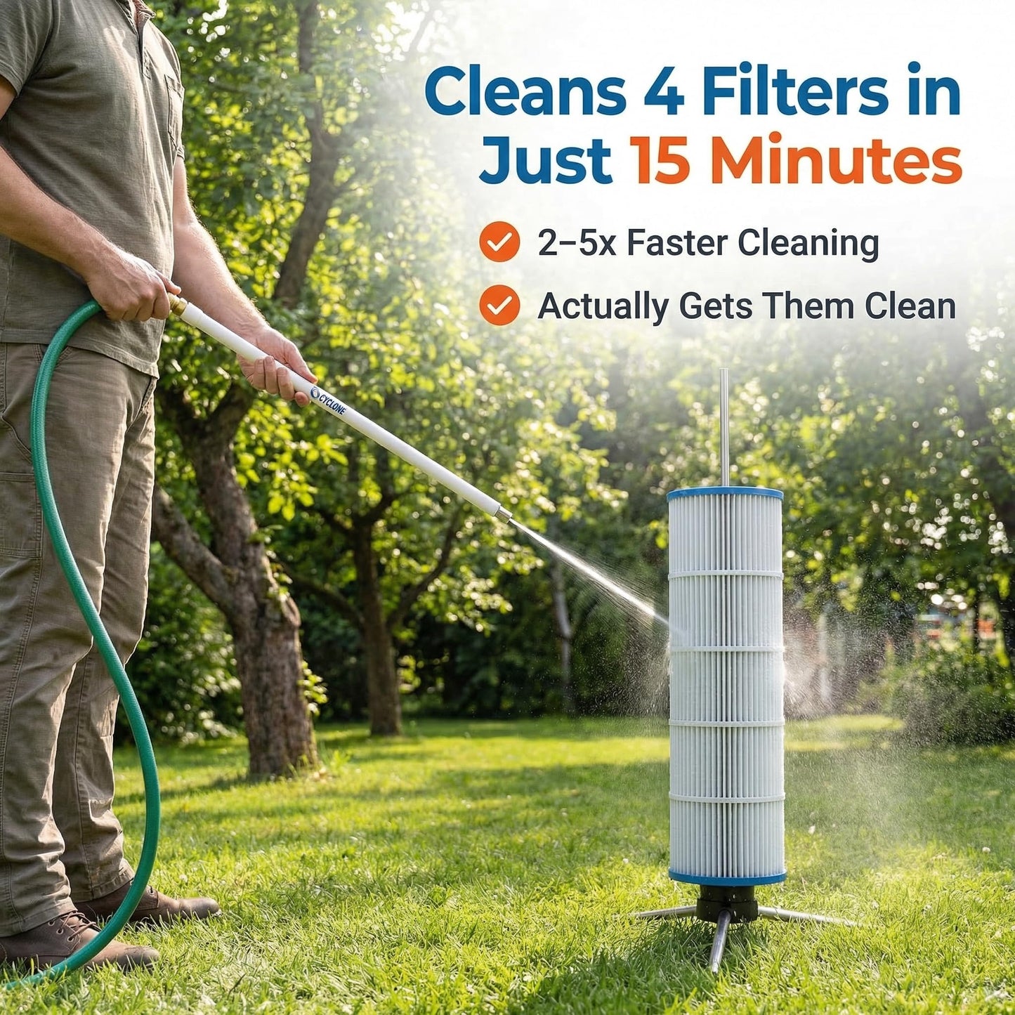 Cyclone Filter Cleaner – Patented Hose-Powered Spinning Pool Cartridge Filter Cleaning Tool with Stand & Spray Wand – Cleans 5X Faster – Fits 3”, 4”, 6” ID Filters