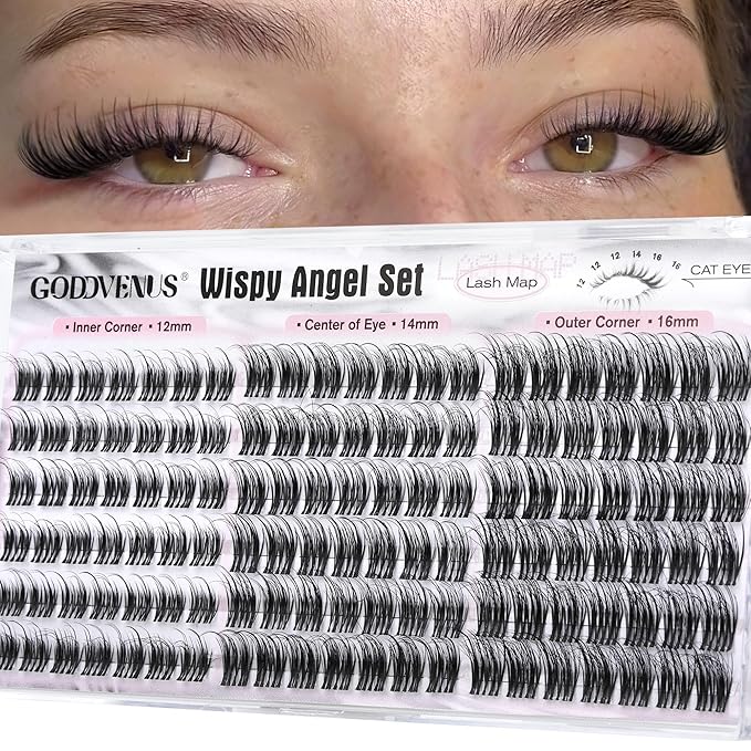 Goddvenus Wispy Natural Lash Clusters 12-14-16mm CC Curl DIY Cluster Eyelash Extensions for Clean Makeup, Individual False Eyelashes Cat Eye Lash Clusters