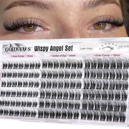 Goddvenus Wispy Natural Lash Clusters 12-14-16mm CC Curl DIY Cluster Eyelash Extensions for Clean Makeup, Individual False Eyelashes Cat Eye Lash Clusters