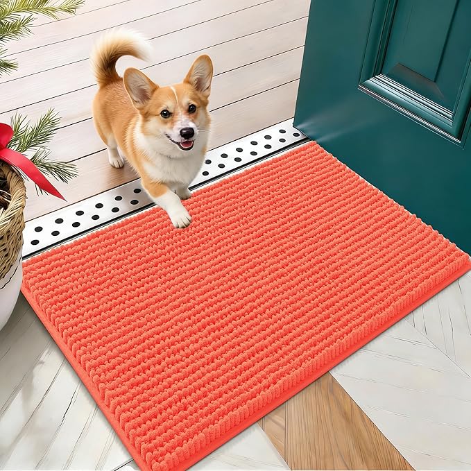 OLANLY Dog Door Mat for Muddy Paws 24x16, Ultra Absorbent Chenille Mud Doormat, Non-Slip Washable and Dirt Trapping Doormat for Indoor Entryway, Quick-Dry Indoor Pet Bed Mats for Dogs, Coral
