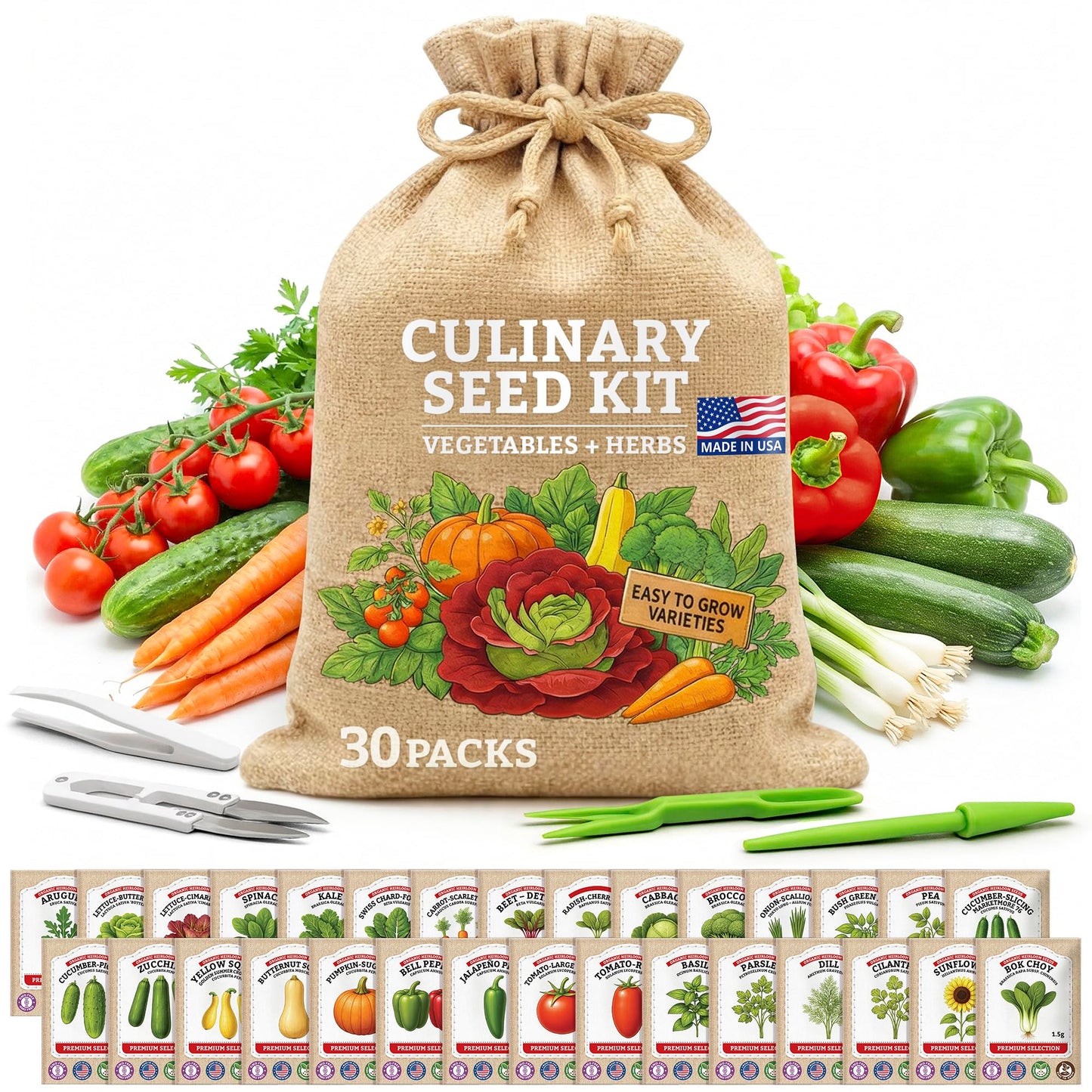 Culinary Vegetable & Herb Seeds Variety Pack - 30 Heirloom Non-GMO Garden Seeds for Planting, Seed Kit with Tools, Made in USA