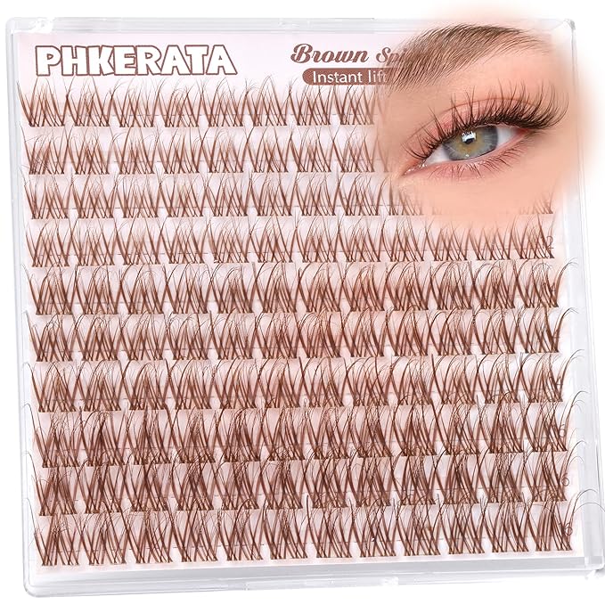 PHKERATA Brown Spider Lash Clusters 12-14-16mm Natural Fluffy Eyelash Clusters, Wispy D Curl Cluster Eyelash Extensions for a Soft Look, DIY Brown Lashes 120pcs