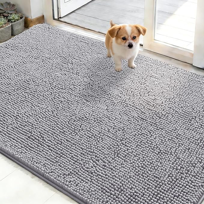 OLANLY Dog Door Mat for Muddy Paws 48x30, Absorbs Moisture and Dirt, Absorbent Non-Slip Washable Doormat, Quick Dry Chenille Mud Mat for Dogs, Entry Indoor Entryway Carpet for Inside Floor, Light Grey