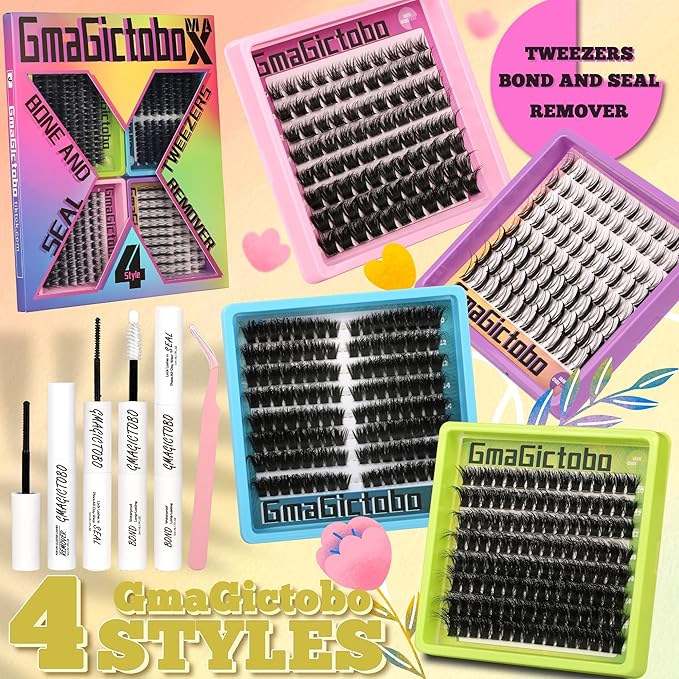 Lash Clusters Kit Natural Wispy Lash Clusters C/D Curl 424Pcs Volume Individual Lashes Clusters Manga Lashes Cat Eye Lashes Pack Lash Bond and Seal Lash Remover Lash Tweezers
