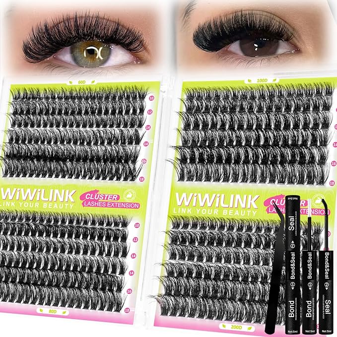 Lash Extension Kit 60D+80D+100D+200D Individual Lash Clusters 424PCS D Curl 10-18mm Volume Cluster Eyelash Extensions Kit with Lash Bond & Seal and Applicator for DIY Eyelashes Beginners