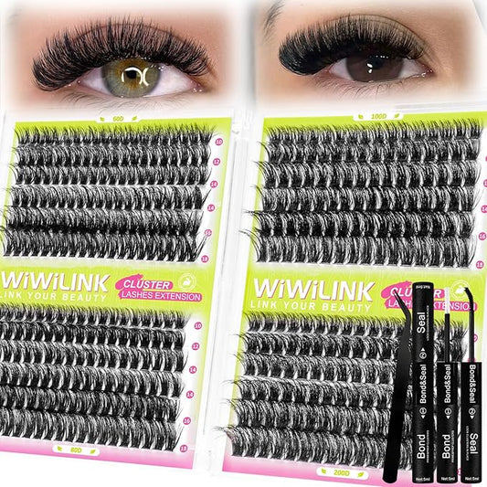 Lash Extension Kit 60D+80D+100D+200D Individual Lash Clusters 424PCS D Curl 10-18mm Volume Cluster Eyelash Extensions Kit with Lash Bond & Seal and Applicator for DIY Eyelashes Beginners