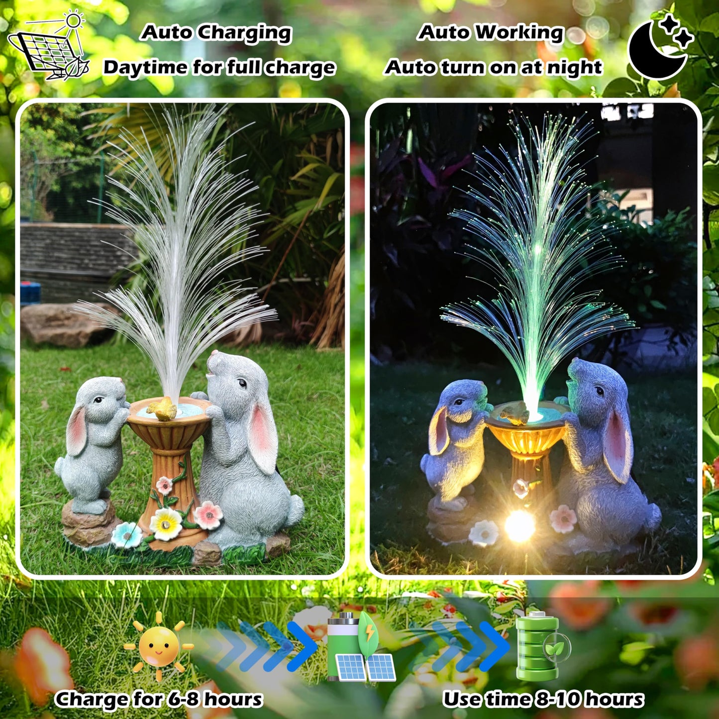 RCTTICUU Solar Rabbit Garden Statues Outdoor Decor with LED Lights, Resin Rabbits Figurine Lights Decorations Colour Changing Fiber Optical Light, Outside Lawn Decor for Yard, Unique Housewarming Gift