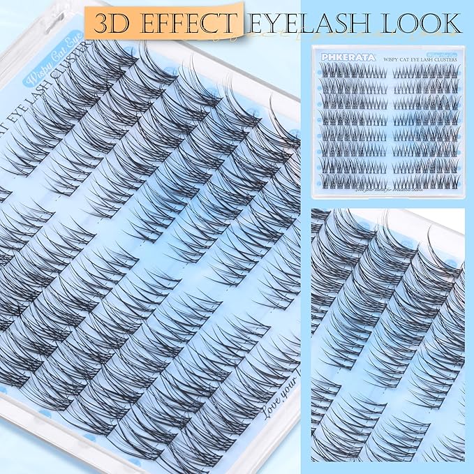 PHKERATA Wispy Lash Clusters Natural Eyelash Clusters 7-15 mm C Curvature Eyelash Clusters Lashes 144 pcs Wispy Cat Eye Individual Lashes Clusters DIY Eyelash Extensions