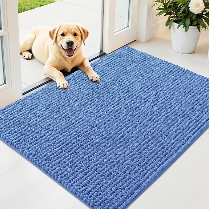 OLANLY Dog Door Mat for Muddy Paws 40x32, Ultra Absorbent Chenille Mud Doormat, Non-Slip Washable and Dirt Trapping Doormat for Indoor Entryway, Quick-Dry Indoor Pet Bed Mats for Dogs, Cornflower Blue