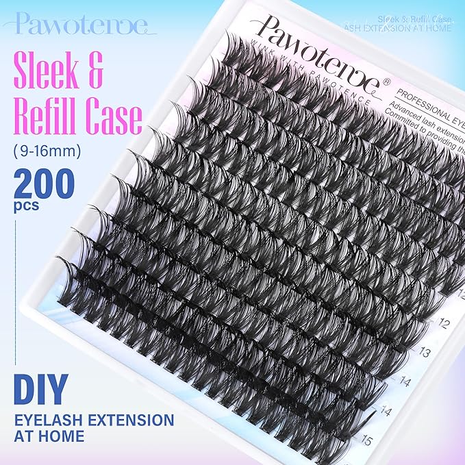Pawotence Lash Clusters 200pcs Individual Lashes 50D Cluster Eyelash Extensions 9-16mm Eyelash Clusters Lash Extensions for Self Application (50D, 0.07D, 9-16mm Refill)