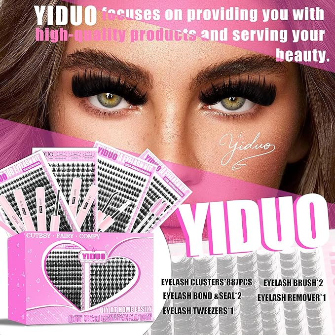 YIDUO Manga Lash Clusters Kit 4 Styles Spiky Volume Clusters Lashes Extensions Kit with 2X Bond and Seal 887Pcs Wispy Eyelash Clusters Kit Thick 100D+150D+Wide Soft Thin Band Cluster Lash Kit
