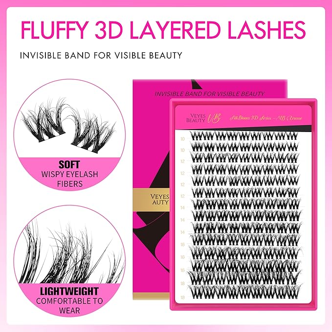 VEYESBEAUTY Lash Clusters Fluffy Individual Lash Extensions VBmuse 3D Layered Volume Eyelashes Thin & Invisible Band Wispy Faux Mink Lash Silk Bloom 3D Series Mixed Length 10-18mm