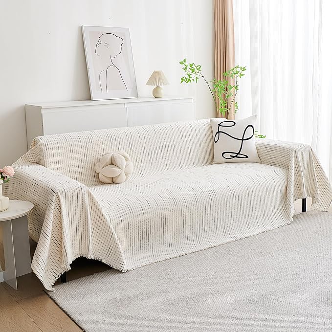 MYSKY HOME Couch Cover for Dogs, Sectional Couch Cover, Beige Lines Sofa Covers for Sectional Sofa L Shape Chenille Couch Protector for Dogs Pets Couch Covers Washable Soft Throw, 91"X150"
