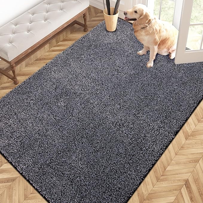 PURRUGS Easy Care Area Rug 4ft x 6ft, Non-Slip Machine Washable Door Mat, Stain Resistant Accent Rug for Entry, Hallway, Bedroom, Living Room and Mudroom, Bluish Grey-Black