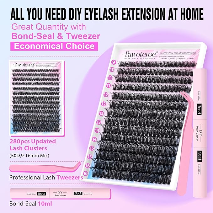 Pawotence Lash Extension Kit DIY 280pcs Individual Lash Clusters Kit 50D 9-16mm Cluster Eyelash Extensions Kit with Lash Bond and Seal, Lash Tweezers for Self Application (50D, 0.07D, 9-16mm, Kit)