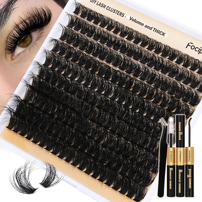Focipeysa Fluffy Volume Lash Clusters DIY Eyelash Extension Kit D Curl Thick Lash Clusters Kit 10-18mm Thick Lash Extensions 90D Individual Eyelashes Extensions Kit with Lash Bond Lash Remover
