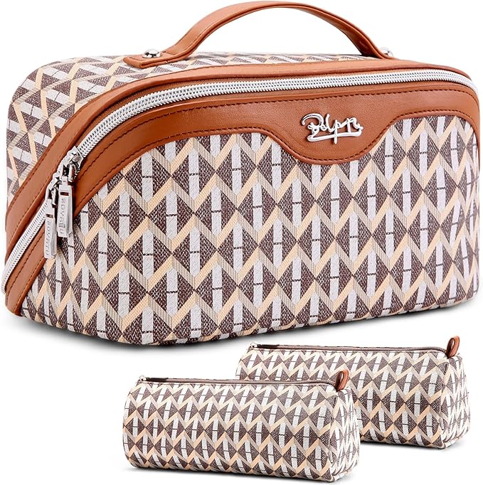 BOYATU Travel Makeup Bags for Women: Large Capacity Cosmetic Bag Set of 3 - Vegan Leather Make up Bags with Compartments - Wide Open Waterproof Toiletry Organizer Bag with Handle (P-05-Brown)