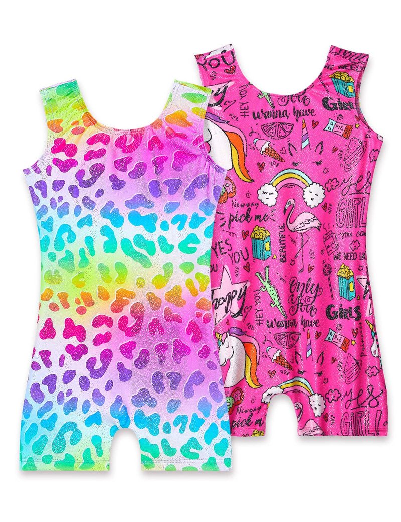 Nokecina Leotard for Girls Gymnastics 2t 3t Rainbow Leopard Hotpink Cartoon Unitards 2 Pack One Piece Tumbling Biketards