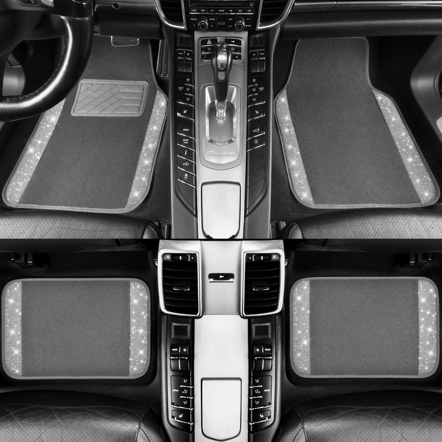 CAR PASS Bling Diamond Car Mats Shining Carpet Crystal Rhinestones Sparkly Glitter Floor Mats with Anti-Slip PVC Heel Pad Universal Fit for Automotive SUV, Sedan, Car, Van, 4pcs for Girl Women, Gray