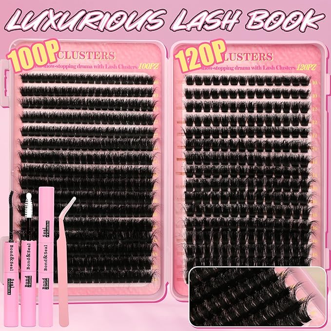 Cluster Eyelash Extensions Wispy Lash Clusters Kit 544Pcs Volume 100D 120D Eyelash Clusters D Curl Lashes Clusters DIY Individual Lashes Clusters Lash Cluster Glue Lash Tweezers