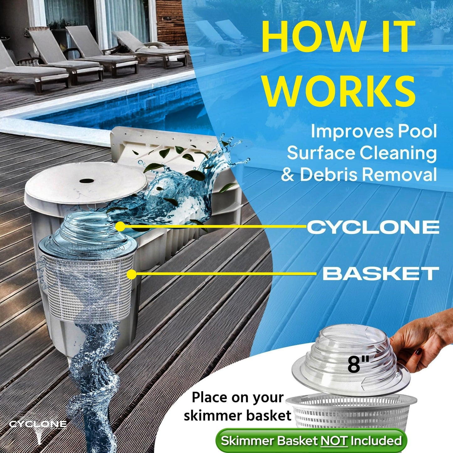 The Skimmie Cyclone (Skimmer Basket NOT Included) - Turbocharges Pool Skimmer Water Flow - Improves Pool Surface Cleaning & Debris Removal - 8" Funnel Design Works with Any Pool Water Level