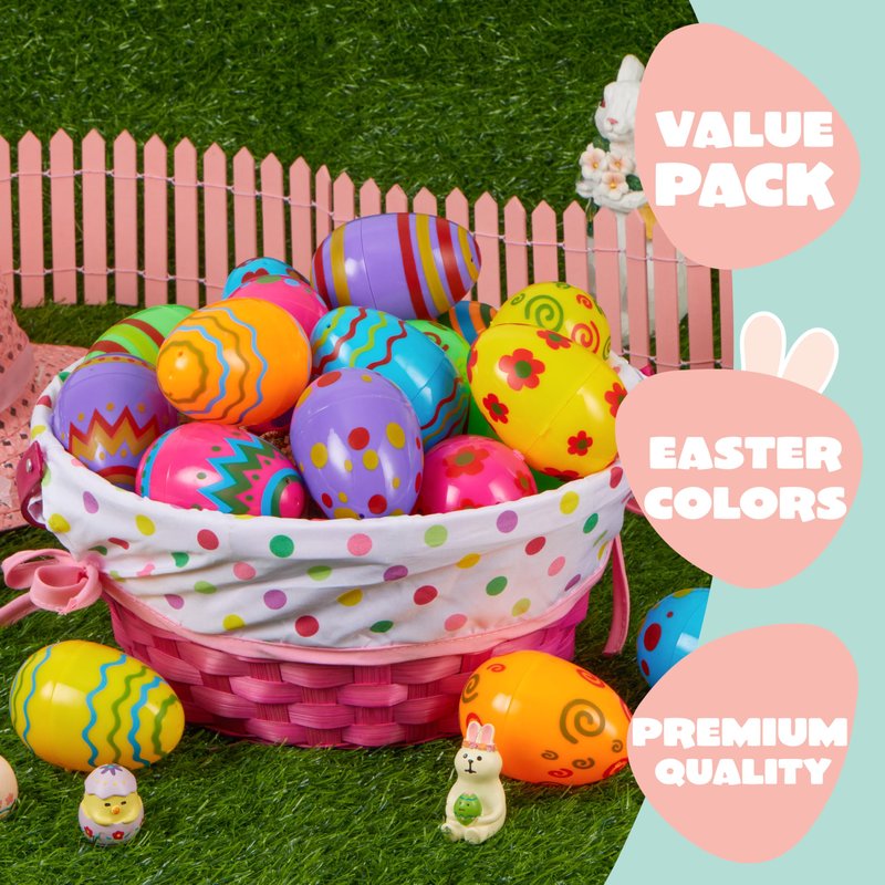 JOYIN Toy 36 PCs Plastic Printed Bright Easter Eggs, Over 3.15'' Tall Fillable Empty Eggs Bulks for Easter Hunt, Basket Stuffers Fillers, Classroom Prize Supplies, Filling Treats and Party Favor