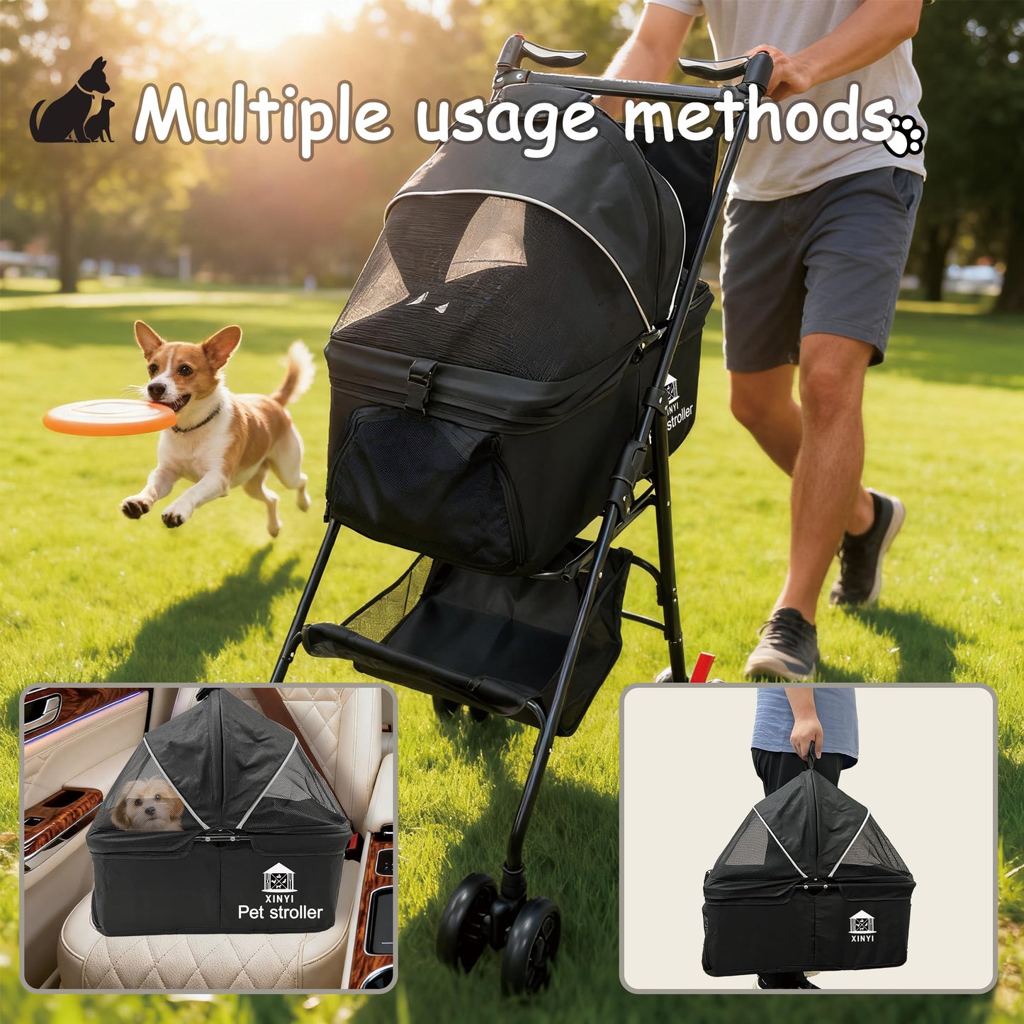 XL Extra-Large Pet Stroller, Running&Travel Pet Cart with Weather Cover, Cat&Dog Stroller for Large/Medium/Small Pets, Outdoor Pet Supplies 16.1"(D) 28"(W) 38.6"(H)
