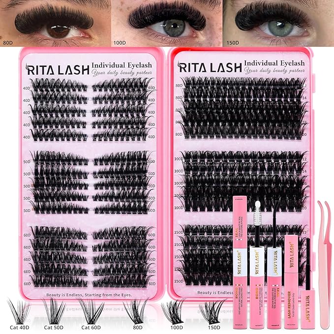 Lash Clusters Kit Eyelash Clusters Kit Cat Eye Lashes Clusters Lash Extension Kit Cluster Eyelash Extensions PestaÃÂ±as Postizas Naturales with Lash Bond&Seal,Remover,Lash Tweezers(Cat Eye Lash Kit)