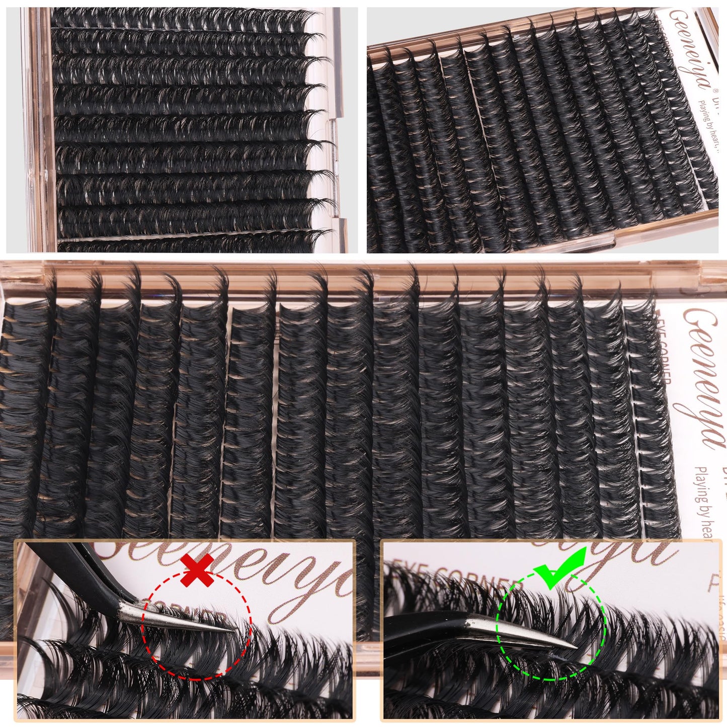 Geeneiya Volume Lash Clusters Kit DIY Lash Extension Kit D Eyelash Extensions with Lash Bond and Seal Tweezers,10-14mm Eye Corner Eyelashes and 16-18MM Cluster Lashes 300Pcs