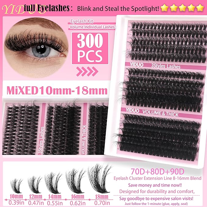 YlDUO Lashes Clusters Kit 7 style Mix Clusters Eyelashes Extensions 835Pcs Volume Lashes Clusters Kit 9-18mm Wispy DIY Individual Fake Eyelash Extensions Kit DIY at Home Easily