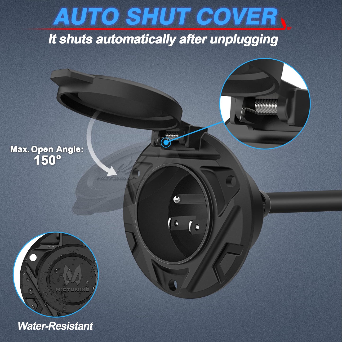 MICTUNING 10A-15A AC Port Plug, 125V Power Inlet Socket with Integrated 20-Inch Extension Cord & Waterproof Auto Shut Cover, Cable Clips & Screws - Black