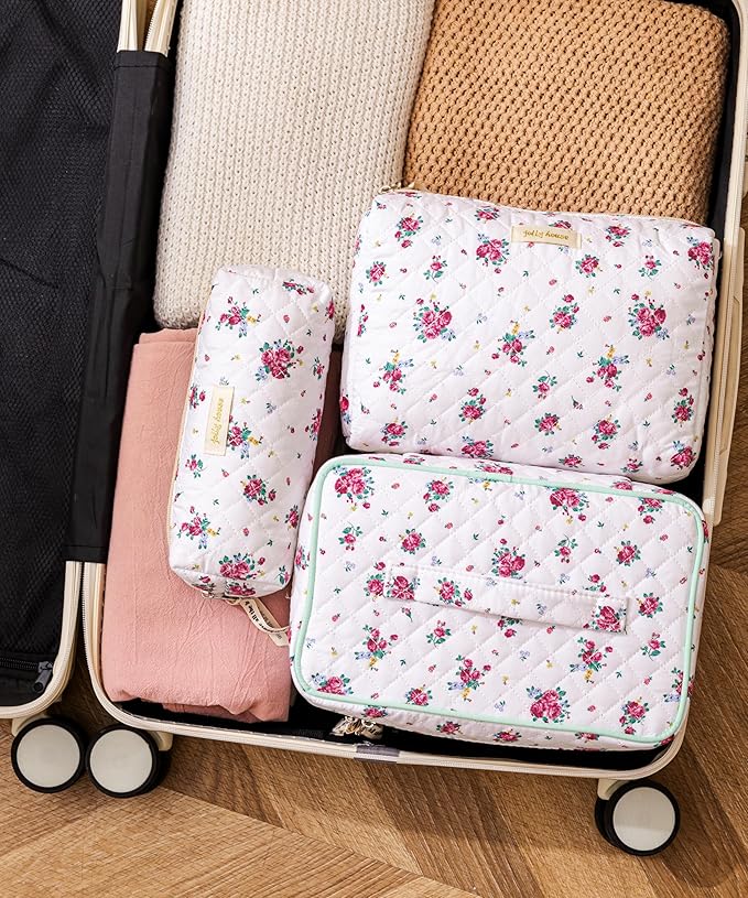 HBselect Quilted Makeup Bag, 3PCS Cotton Large Travel Makeup Bag, Cute Floral Coquette Make up Bag Cosmetic Bag Toiletry Bag for Women Girls