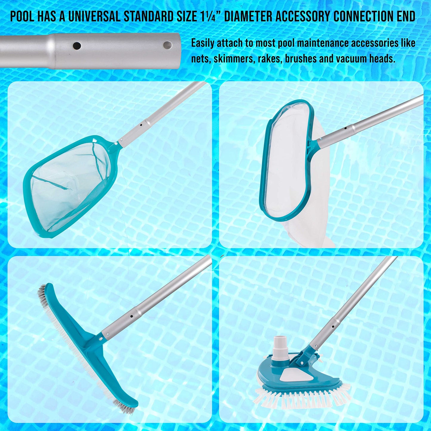 U.S. Pool Supply Telescoping Pole 10.5 Foot Aluminum Pool Pole Telescopic Cleaning - 8 Adjustable Connecting Sections, Expandable Step-Up Length - Attach Connect Skimmer Net Rake Brush Vacuum Heads