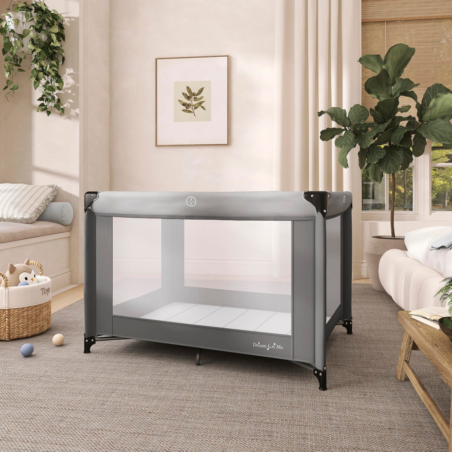 Dream On Me Zazzy Portable Playard with Bassinet - 360° Mesh Visibility, Quick Folding Travel Friendly Design, Carry Bag and Foldable Mattress Pad Included, Compact and Lightweight - Gray