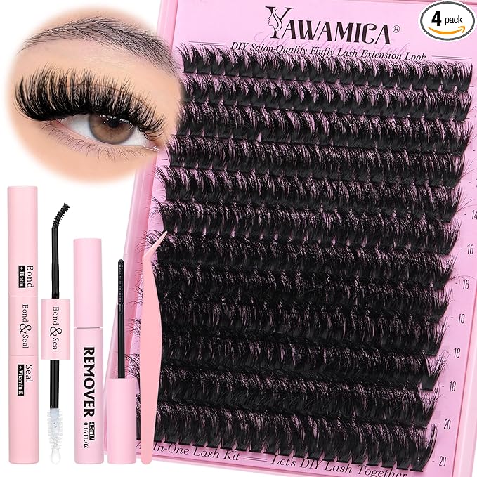 Yawamica Fluffier Lash Clusters Kit with Remover Wispy Cluster Eyelash Extensions 12-20mm Eyelash Clusters 200D Volume Lash Extension Kit D Curly Cluster Lashes with Bond and Seal Remover Tweezers