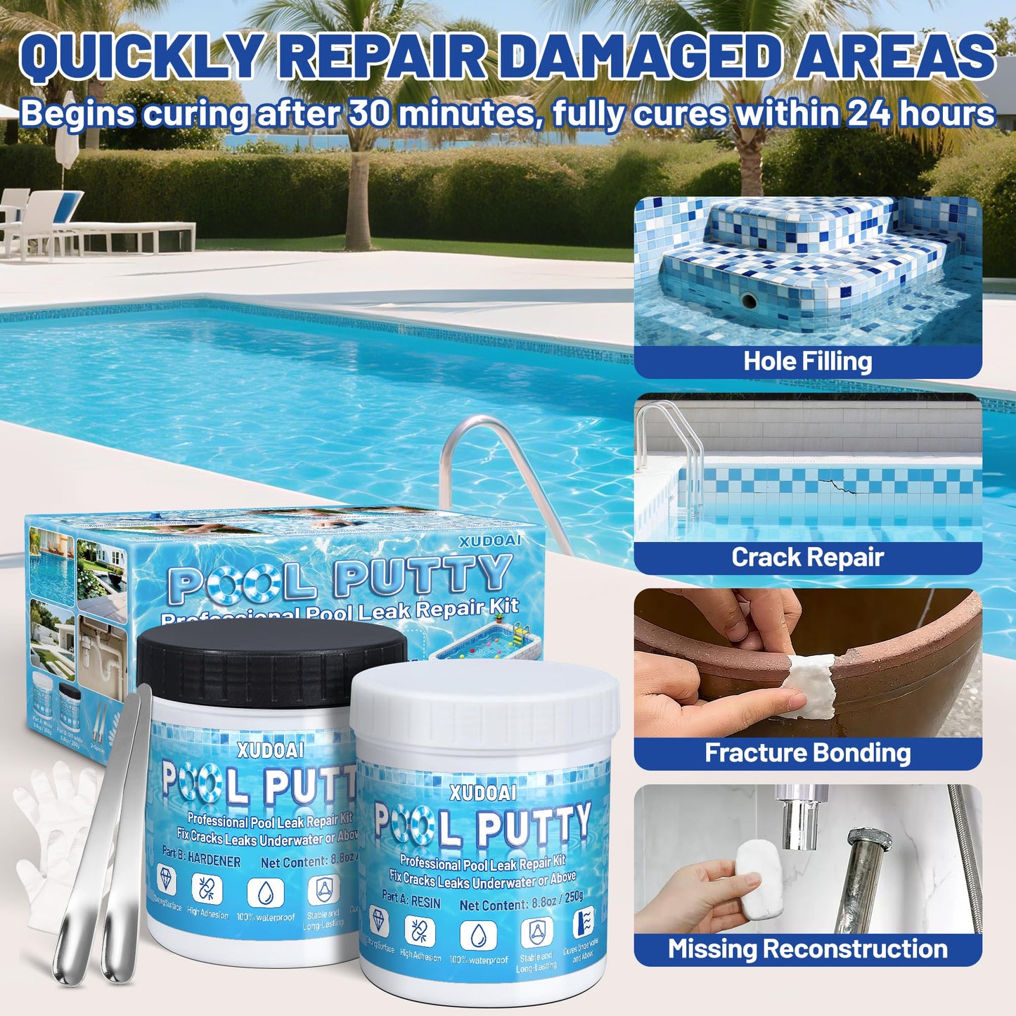 Pool Putty, 17.6oz/500g 2 Part Epoxy Pool Putty for Underwater or Above-Water Crack Leak Filling and Repair, Sealing and Repair of Holes and Damage in Fiberglass, Concrete and Tile Surfaces (White)