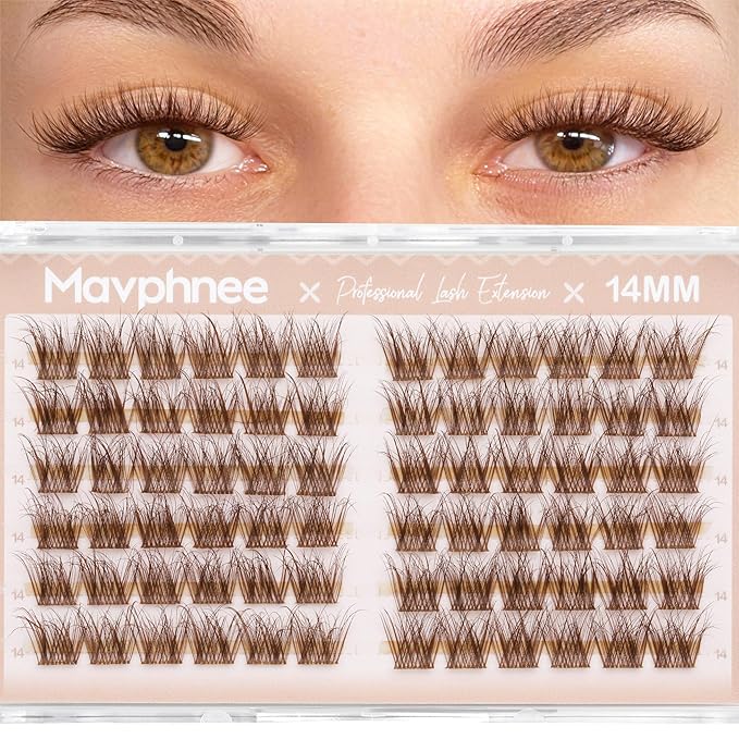 14MM Lash Clusters Brown Cluster Eyelash Extensions Natural Fluffy Individual Lashes C Curl Clear Band Cluster Lashes Reusable Wispy Dark Brown Lash Extensions For Full Glam