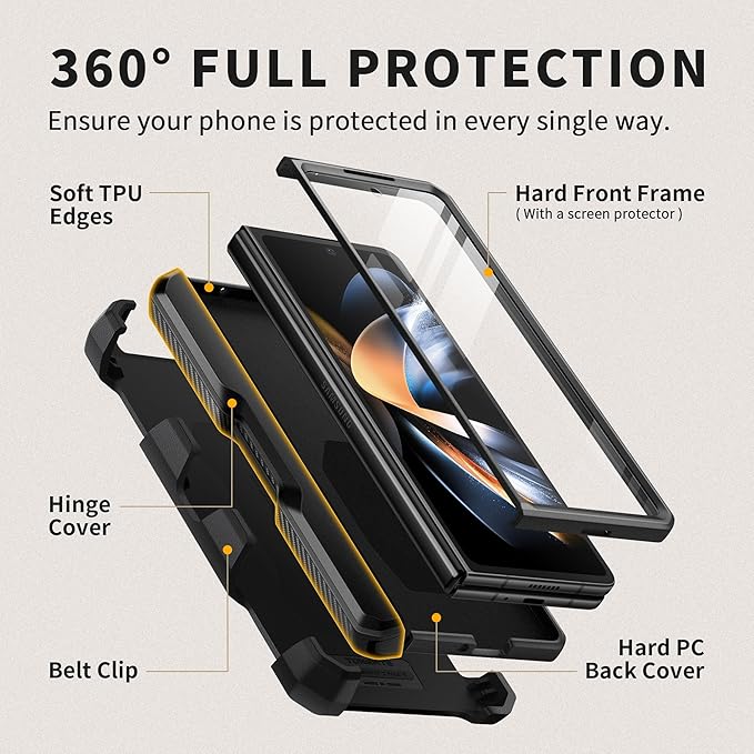 TONGATE for Z Fold 5 Case with Ring Stand, Built-in S Pen Holder & Glass Screen Protector Shockproof Rugged Z5 Phone Case with Slide Camera Cover & Belt Clip for Samsung Galaxy Z Fold 5 2023, Black