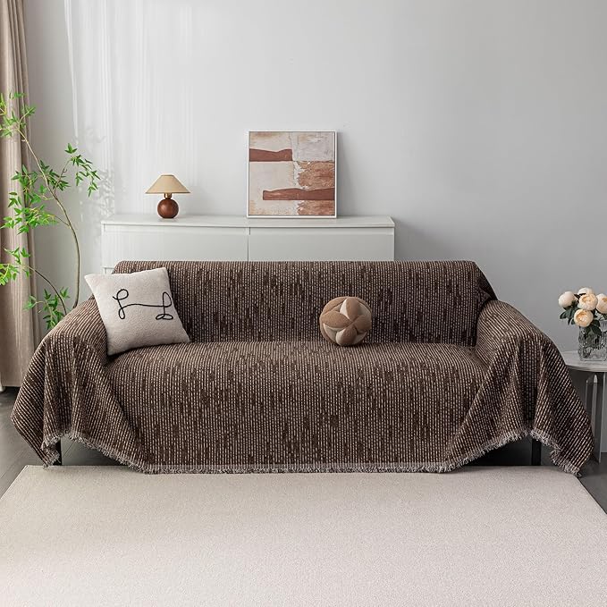 MYSKY HOME Boho Couch Cover Deep Chocolate Sofa Covers with Tassel Farmhouse Sofa Slipcover Simple Couch Protector for Dogs Chenille Sectional Couch Covers L Shaped Couch Cushion Covers, 71"x 134"