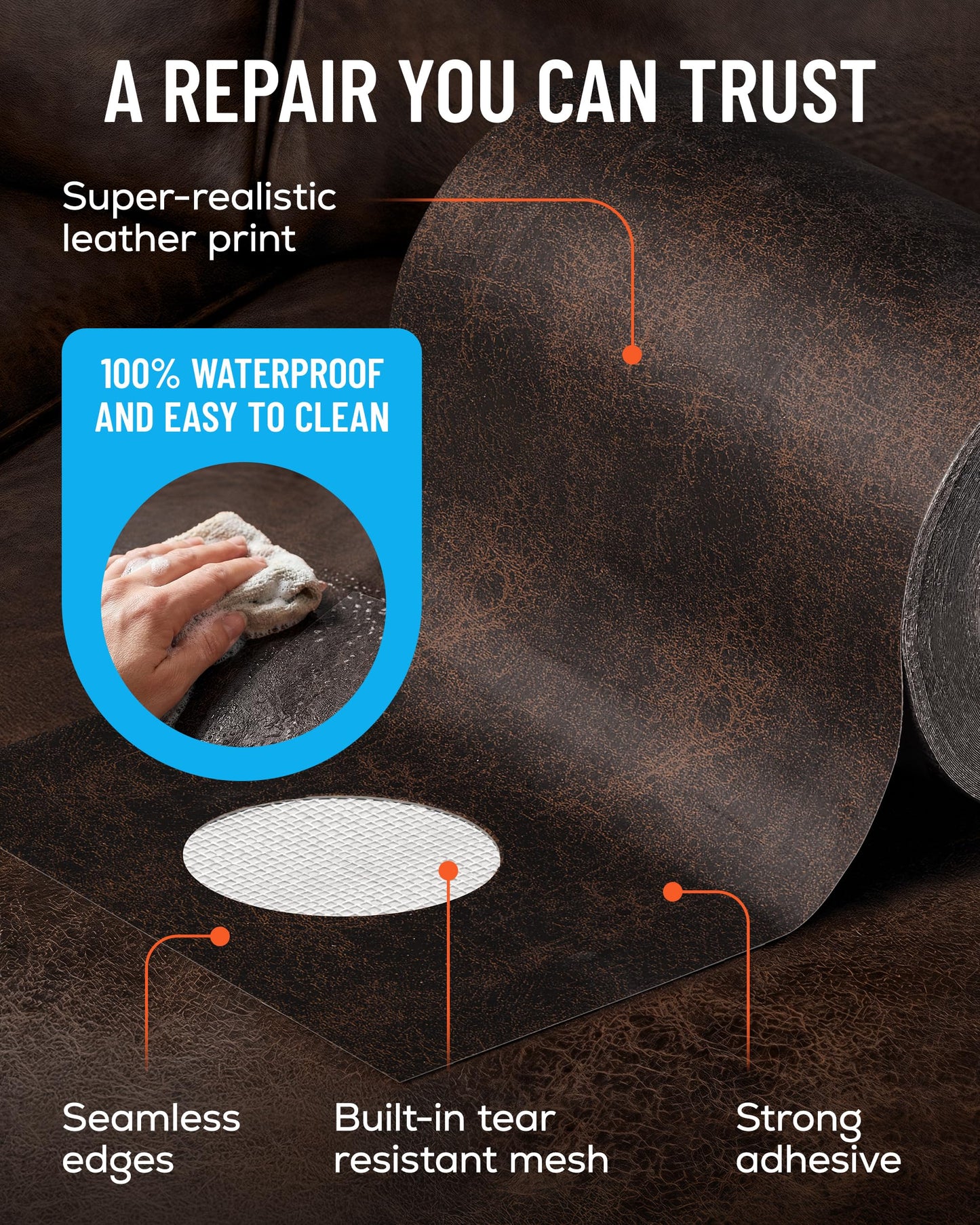 MATCH 'N PATCH Leather Repair Tape - Dark Brown (4.50 inch x 30 feet) - Realistic Leather Patches for Couch, Sofa, Upholstery, Car Seats & Other Furniture, Vinyl Repair Kit, Self Adhesive Patch